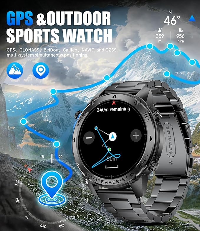 GPS Smart Watch for Men(Answer/Make Call),6 Satellite Positioning/Compass,50M Waterproof,600mAh Extra-large battery,1.43" AMOLED,170 Fitness Sports Modes/Heart Rate/SpO2/pedometer for Android/iOS