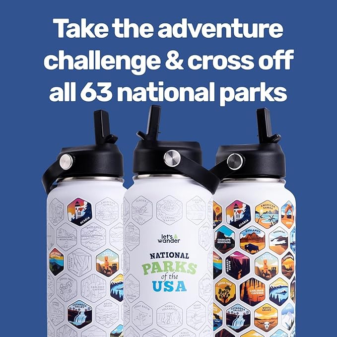 LET'S WANDER National Parks Water Bottle with 63 Waterproof Stickers - 32oz Leakproof Insulated Stainless Steel with Straw - USA Hiker Gift Bottle (White/Purple)