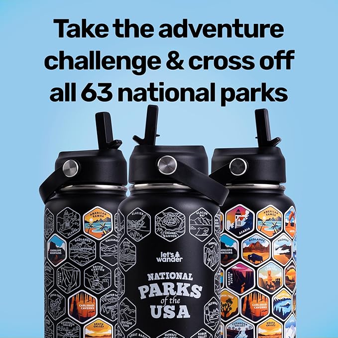 LET'S WANDER National Parks Water Bottle with 3 Lids & 63 Waterproof Stickers - 32oz Leakproof Insulated Stainless Steel with Straw - USA Hiker Gift Bottle (Black)