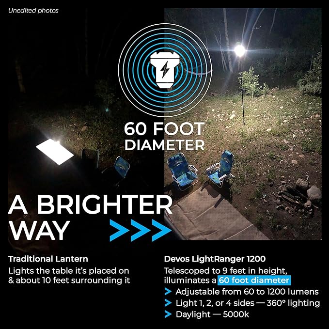 DEVOS - LightRanger 1200 Telescoping Camp Light, 9 ft Tall with 1200 lumens, Rechargeable LED Lantern, Up to 80-Hour Runtime, 1-Year Warranty, Includes Carry Case