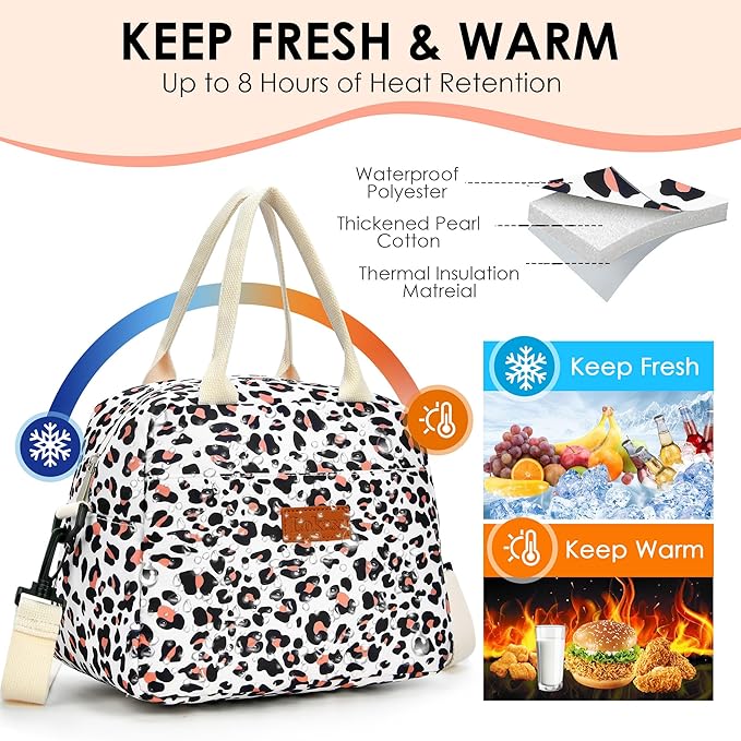 LOKASS Lunch Box for Women-Insulated Adults Lunch Bag with Removable Shoulder Strap&Front Pocket,Cute Lunch Tote for Work-Reusable Leopard Print Cooler Bag for Office Picnic Beach or Travel