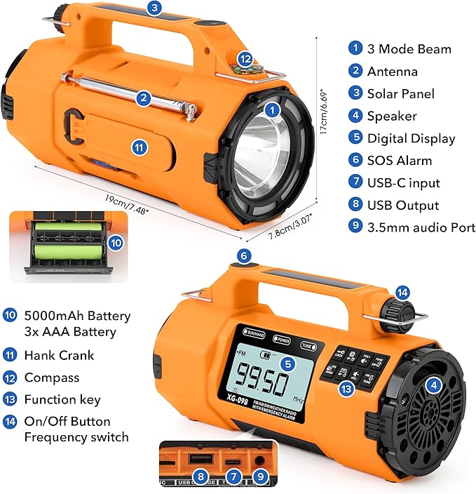 Emergency Weather Alert Radio FM/AM/SW/NOAA, Solar Hand Crank Radio with Replaceable Battery, USB-C Charging, Cell Phone Charger, SOS Alarm, Headphone Jack, Sleep Timer Clock for Survival