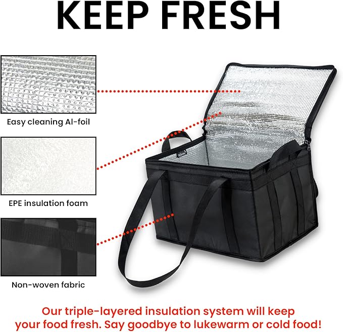 NZ home Large Insulated Cooler Bag and Food Warmer for Delivery & Grocery Shopping with Zippered Top, Black (1 Pack)