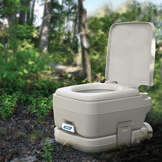 Camco 2.6-Gallon Portable Toilet - Features Detachable Holding Tank w/Sealing Slide Valve & Bellow-Type Flush - Easy Transport w/Compact Lightweight Design & Carry Handle - Gray (41531)