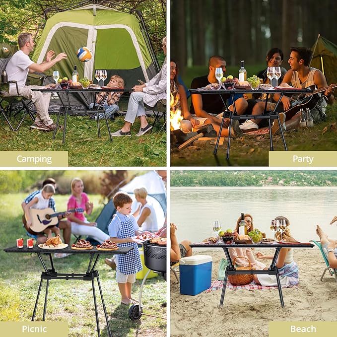 3ft Stable Camping Table, 4 Adjustable Height Lightweight Aluminum Roll Up Camping Table with Carrying Bag, Waterproof, for Garden, Picnic, Outdoor, Travel, Backyard, Beach, 35” X 16”, Black
