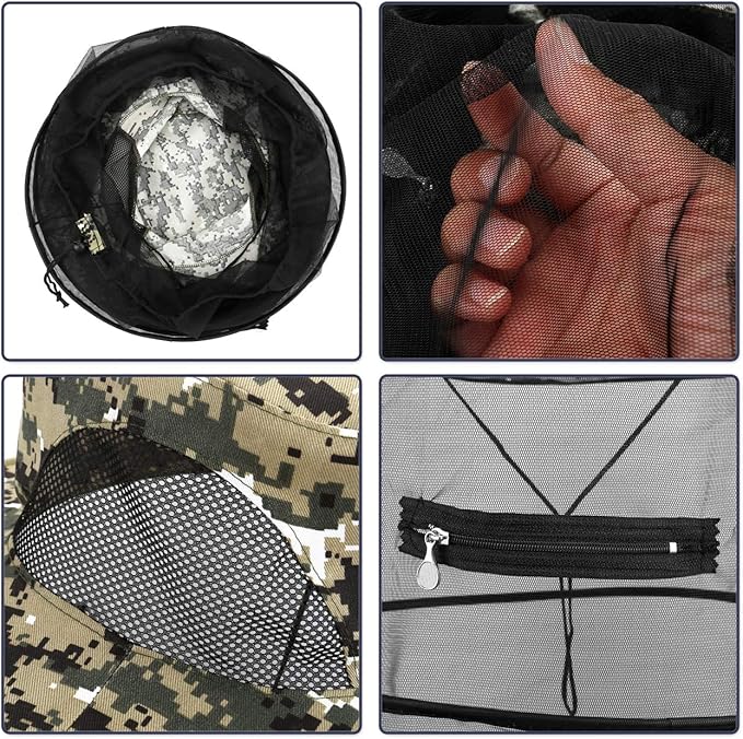 Mosquito Head Net Hat with Removable Mesh Hidden Netting, Camouflage Design with Zipper Net for Outdoor Fishing Gardening Hiking Face Cover (Digital Camouflage)
