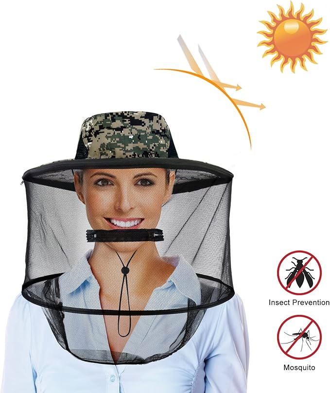 Mosquito Head Net Hat with Removable Mesh Hidden Netting, Camouflage Design with Zipper Net for Outdoor Fishing Gardening Hiking Face Cover (Digital Camouflage)