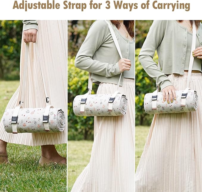 Picnic Blankets Washable Polyester Camping Blankets Emergency Backpack Accessories with Waterproof Backing and Shoulder Strap, 57"x79"