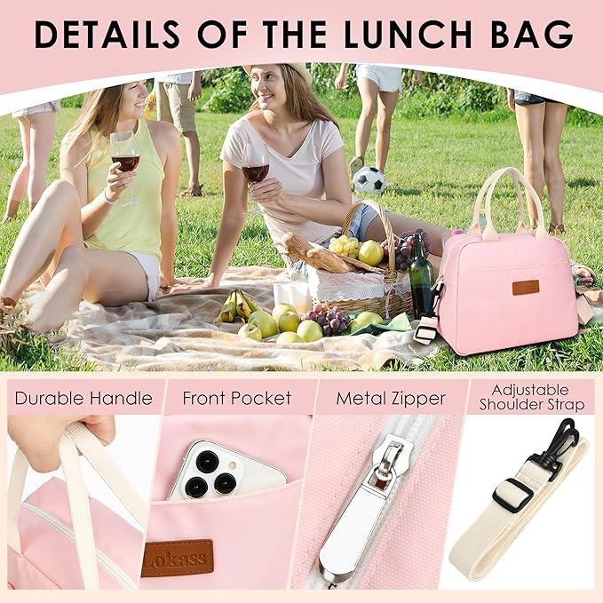 LOKASS Lunch Bag for Women-Insulated Adults Lunch Box with Front Pocket- Small Cute Lunch Tote for Work-Reusable Cooler Bag for Office Picnic Beach or Travel(pink)