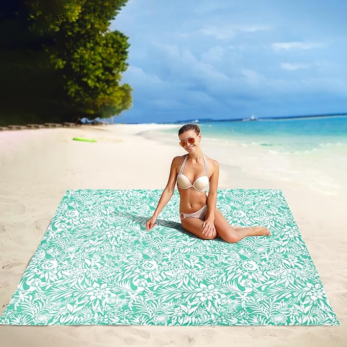 Beach Blanket Waterproof Sandproof Oversized, 110''×118'' Extra Large Beach Mat Sand Free, Lightweight Compact Folable Pinic Blanket w/ 4 Stakes & Pockets for Camping, Travel