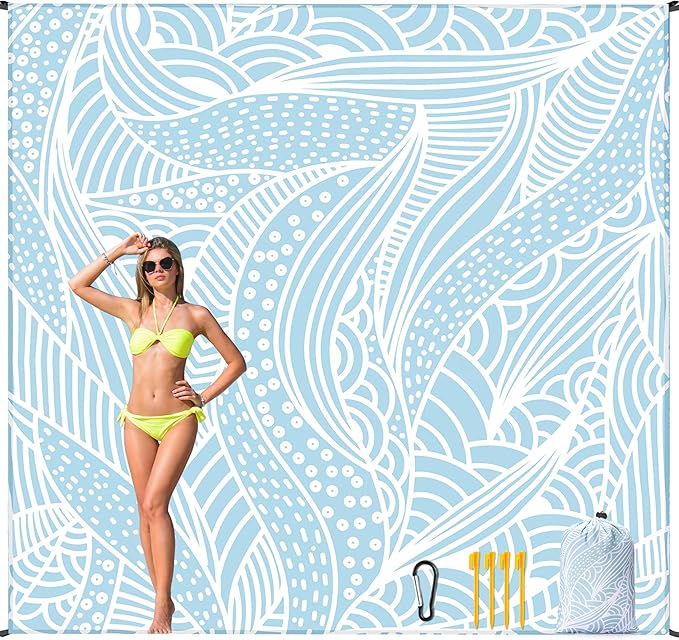 Beach Blanket Waterproof Sandproof Beach Mat 79โx 83โ for 1-4 Adults Quick Drying Durable Outdoor Picnic Mat for Beach Festival Travel Picnic Camping Hiking (BL-Ripple, 79"ร108"(6 Person))