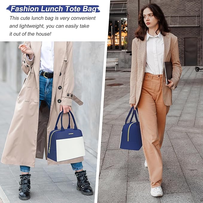 LOKASS Lunch Bag for Women-Insulated Adults Lunch Box with Front Pocket- Small Cute Lunch Tote for Work-Reusable Cooler Bag for Office Picnic Beach or Travel(Dark Blue)