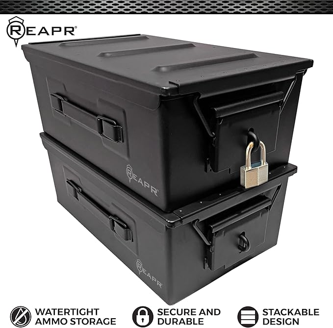 Reapr Steel Ammo Can, Heavy Duty Locking Metal Ammo Storage Box, Airtight and Watertight 30 Cal or 50 Cal Case for Rifle, Shotgun, Pistol, Military Footlocker Style Tool and Gear Organizer