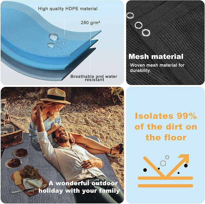 FoundGo Awning Carpet HDPE Camping Outdoor Rug with Eyelets,Nails,Broom,for RV,Patio,Backyard,Picnic,Beach,Trailer 8'*20' (2.44 * 6.1m) -Black