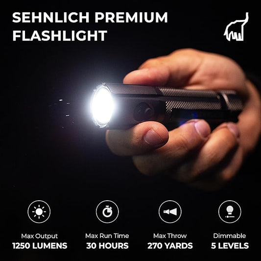 LED Rechargeable Flashlight - Super Bright 1250 High Lumens Flashlight, Waterproof IP68 Small Compact Pocket Tactical Flashlight for Home, Emergency, Rescue, Camping, Gifts for Men Black