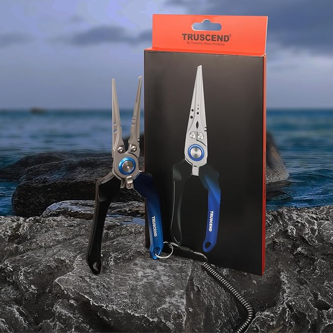 TRUSCEND Lockable Handy Fishing Pliers with Innovative Ergonomic Handle, Saltwater Corrosion Resistant Teflon Coated Fishing Tool, Multi-Function Fishing Gear with Mo-V Cutter