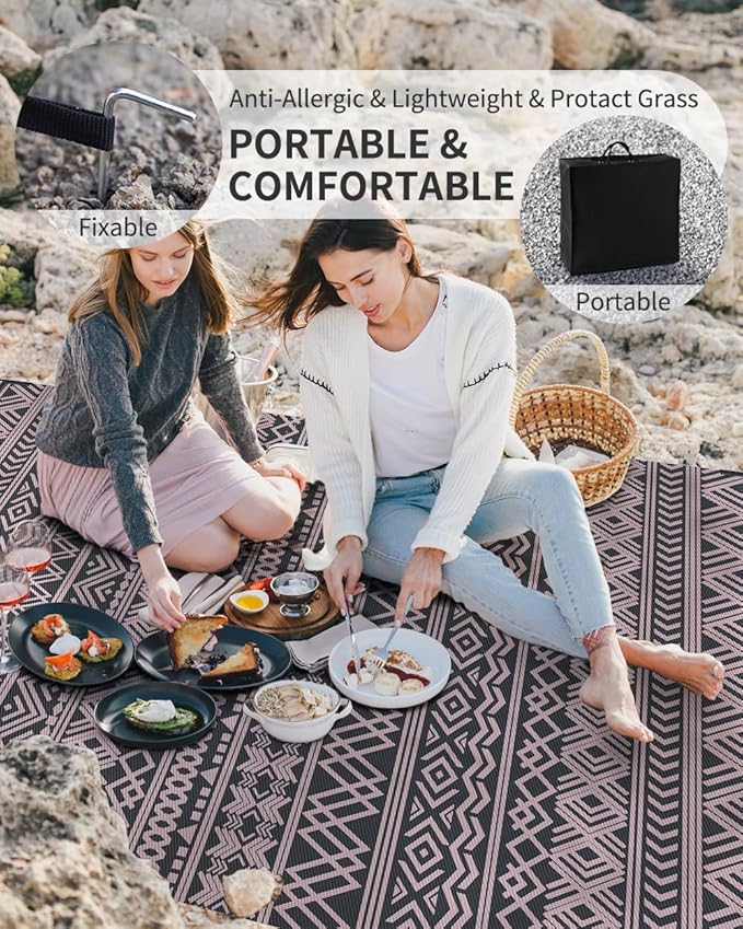 MontVoo Outdoor Rug Carpet Waterproof 6x9 Outdoor Patio Rug Mat Reverisble Plastic Straw Outdoor Rug for RV Camping Picnic Beach Balcony Boho Pink Grey