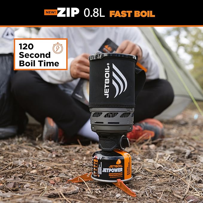 Jetboil Zip 0.8L Portable Fast Boil Stove with Easy-Turn Knob Igniter for Backpacking and Camping, New for 2025, Propane/Isobutane Burner with Cooking Cup