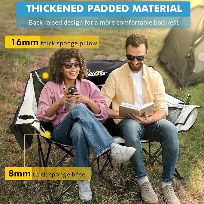 Double Camping Chair for Adults Outdoor Folding Chair with 2 Cooler Bags Support 500lbs Heavy Duty Camp Chair for Outdoor Sports Beach - Black&Grey