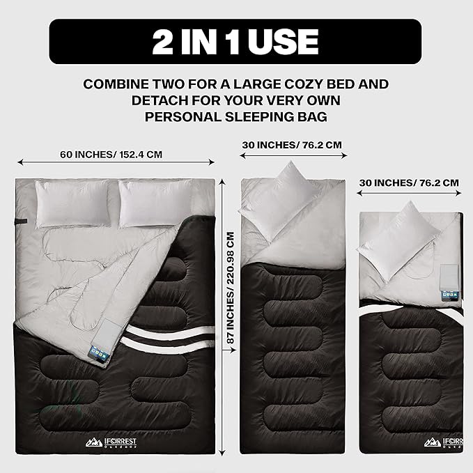 IFORREST Double Sleeping Bag for Adults - 2 Person Cold Weather(3-4 Seasons) Camping Bed, Extra-Wide & Warm - Queen Size XL