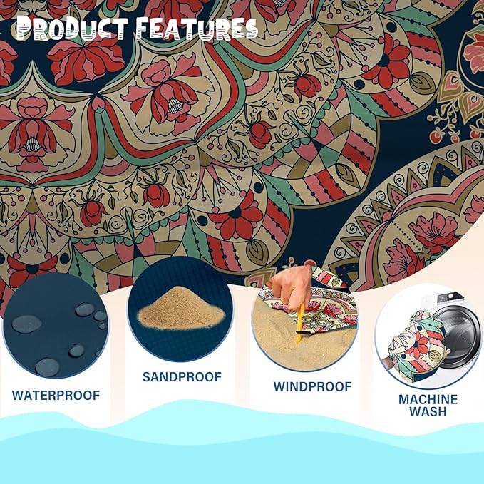 Beach Blanket Waterproof Sandproof 1-7 Adult Oversized 78 '' × 81 '' Lightweight Durable Compact Sand Free Beach Mat for Travel Camping Hiking Picnic Blanket Extra Large