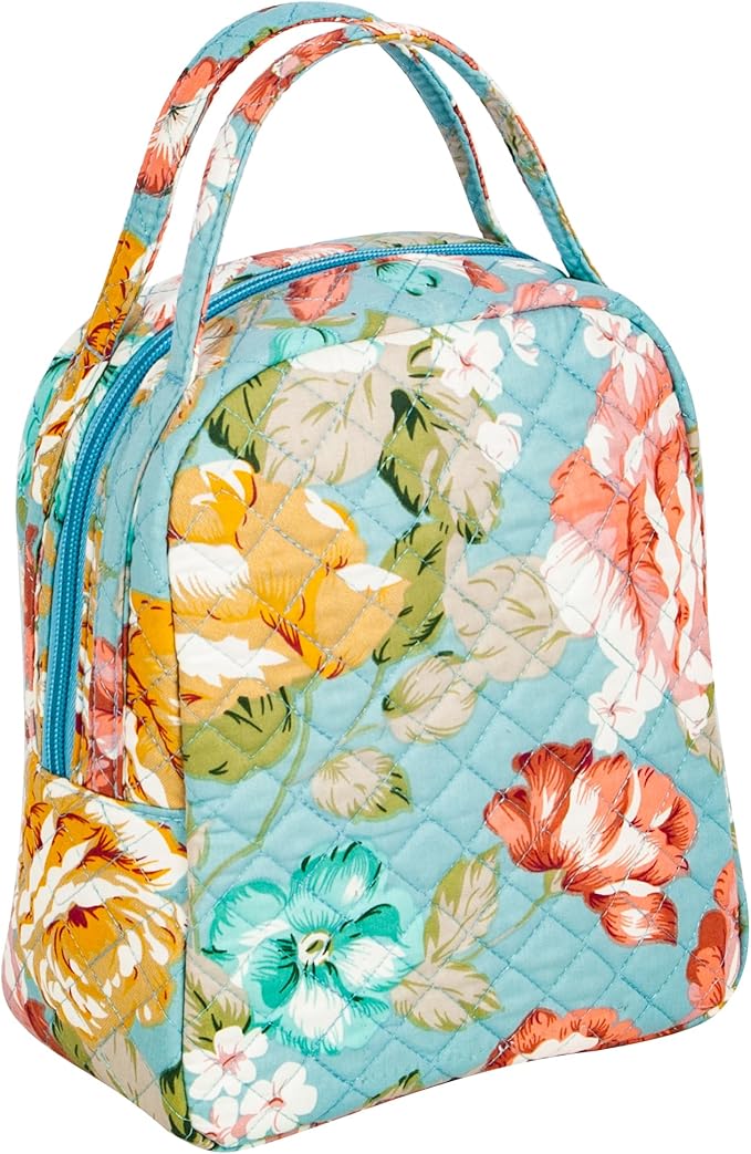 Machine Washable Women Quilted Fabric Insulated Reusable Cooler Lunch Bag Tote Adult Thermal Lunch Box Storage Bag for Work (Floral)
