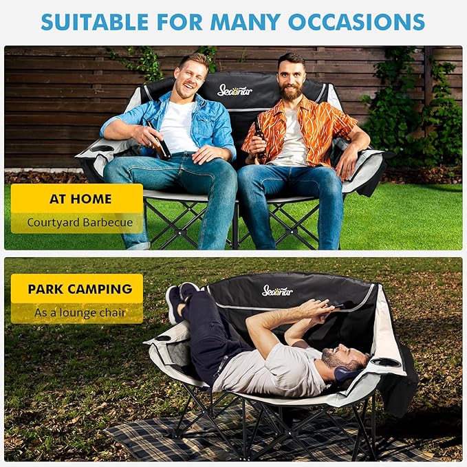 Double Camping Chair for Adults Outdoor Folding Chair with 2 Cooler Bags Support 500lbs Heavy Duty Camp Chair for Outdoor Sports Beach - Black&Grey