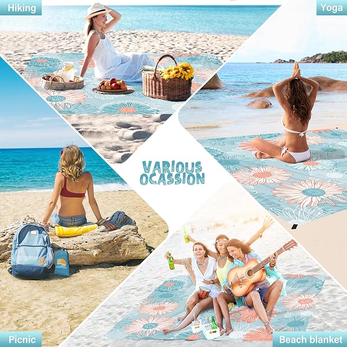 Beach Blanket Waterproof Sandproof 1-7 Adult Oversized 78 '' × 81 '' Lightweight Durable Compact Sand Free Beach Mat for Travel Camping Hiking Picnic Blanket Extra Large