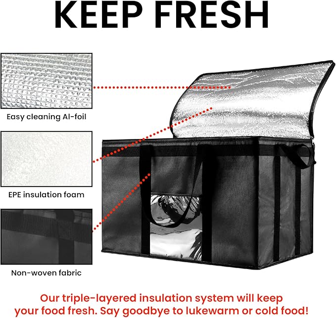 NZ home Insulated Cooler Bag and Food Warmer (3XL, 4 Pack) for Delivery & Grocery Shopping with Zippered Top, Black