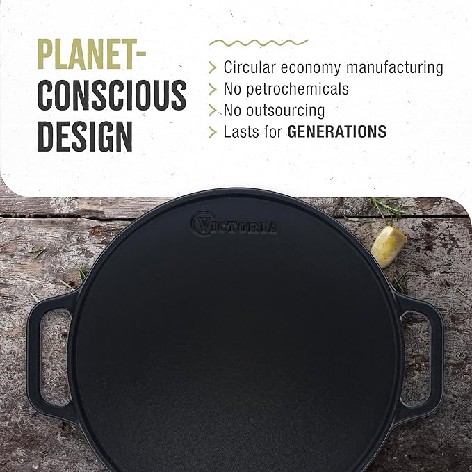 Victoria Round Cast Iron Grill. Double Burner Griddle, with Removable Coil Handles Seasoned with 100% KoBibir Certified Non-GMO Flaxseed Oil, 12.5 Inch, Black