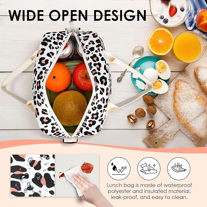 LOKASS Lunch Box for Women-Insulated Adults Lunch Bag with Removable Shoulder Strap&Front Pocket,Cute Lunch Tote for Work-Reusable Leopard Print Cooler Bag for Office Picnic Beach or Travel