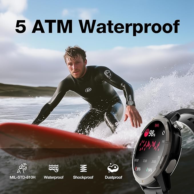 AGM Legion Rugged Smart Watch for Men, 1.43" HD AMOLED Touchscreen, Bluetooth Calling, 5 ATM & IP68, Sports Modes, Barometer & Altimeter, DIY Dials, 24/7 Heart Rate/SpO2/Sleep Monitor for iOS Android