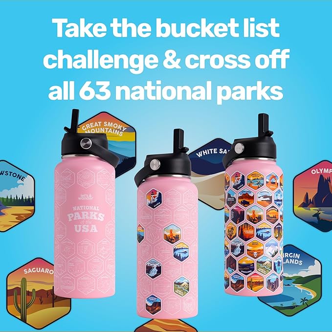 LET'S WANDER National Parks Water Bottle with 63 Waterproof Stickers - 32oz Leakproof Insulated Stainless Steel with Straw - USA Hiker Gift Bottle (Bubble Gum)