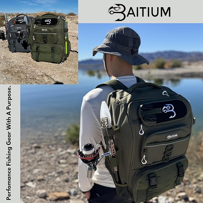 Baitium Fishing Backpack, Tackle Bag With Rod Holders, 40L Capacity With Cooler, Rain Cover, Insulated Pocket, 4 Tackle Trays Included - (Grey)