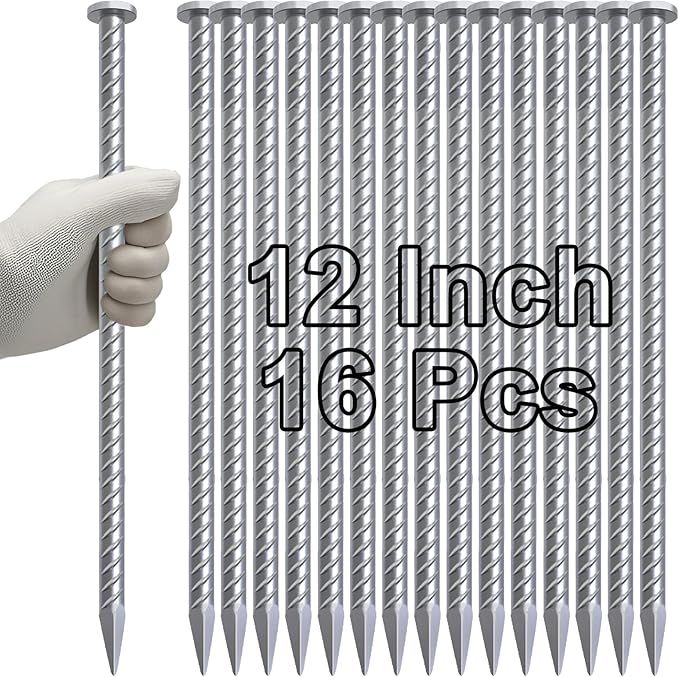 VVOKGO Rebar Stake 12 Inches Long 1/2 Inch Thickness Galvanized Cement Stakes Plant Support Garden Stakes, Metal Anchoring Landscape Spikes for Asphaltl, Caltrops Tire Spikes for Driveway(16Pcs)