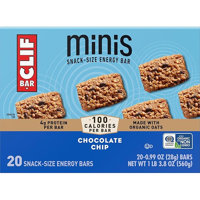 CLIF BAR Minis - Chocolate Chip - Made with Organic Oats - 4g Protein - Non-GMO - Plant Based - Snack-Size Energy Bars - 0.99 oz. (20 Pack)