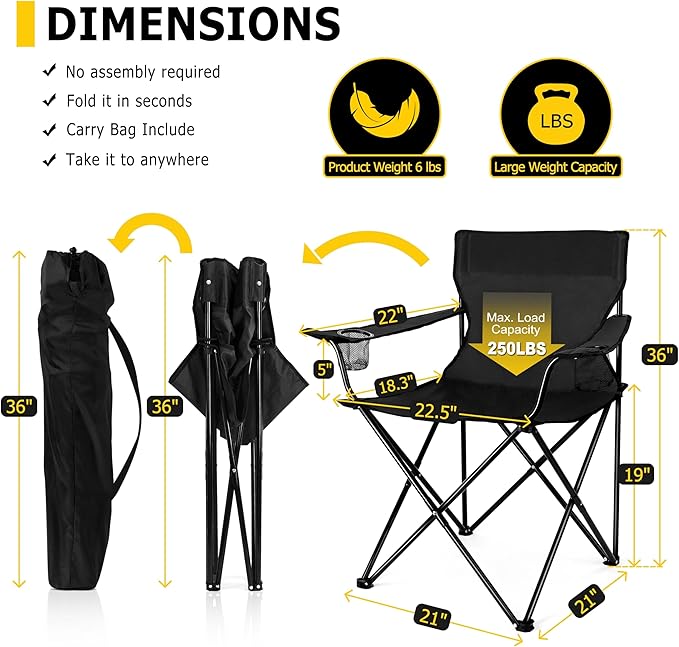 Joyfair Portable Camping Chair, Outdoor Lawn Folding Chairs for Adults, Heavy Duty Large Foldable Chairs for Beach, Fishing, Tailgating Outdoor Sport, 2 Cup Holders & Carry Bag