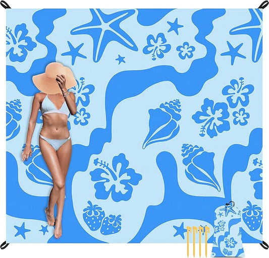 SkyNautre Waterproof Sandproof Beach Blanket, 110''×118'' Oversized Sand Free Beach Mat with 4 Stakes & Storage Bag, Extra Large Big Compact Outdoor Essentials for Beach, Picnic, Camping