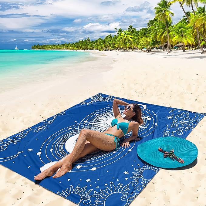 Beach Blanket, Sandproof Beach Mat, Waterproof Quick Drying Lightweight Outdoor Aztec Picnic Mat 79" X 83"/120"x108" for 2-8 Adults for Travel, Camping, Hiking