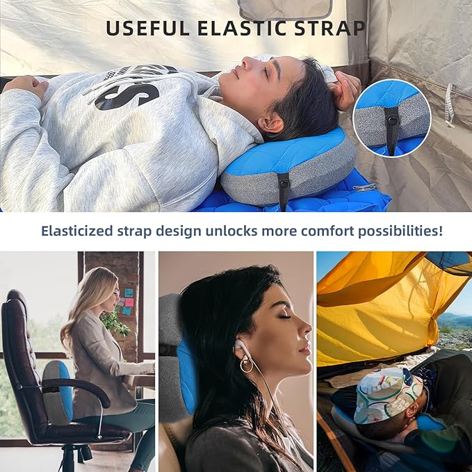 Ultralight Camping Pillow Inflatable with Removable Washable Cover, Compact Travel Pillow for Neck Support, Hiking, Backpacking, Office, Airplane, Car & Beach - Adjustable Firmness (Blue)