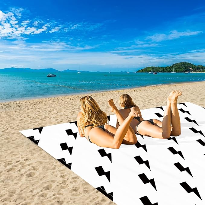 Outdoor Beach Blanket Waterproof Sandproof, 78''×86'' Large Sand Free Beach Mat, Lightweight Portable Picnic Blanket Foldable with 4 Stakes & Pockets for Camping, Hiking Essentials - Black Lightning