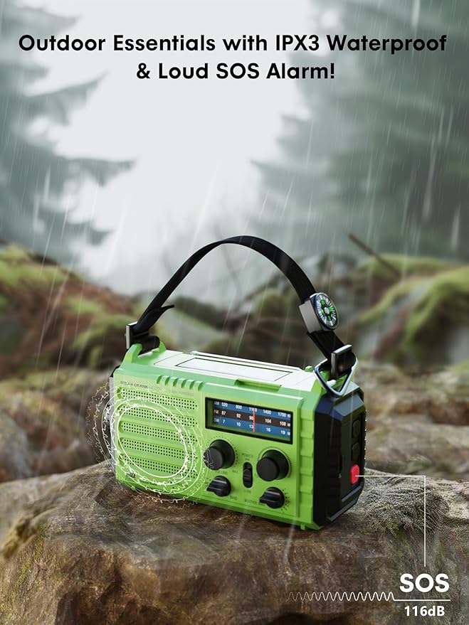 Raynic Weather Radio, 5000mAh/18500mWh Solar Hand Crank Emergency Radio, Battery Powered AM/FM/SW/NOAA Weather Alert Radio with Flashlight, Cell Phone Charger and SOS Siren for Power Outages (Green)