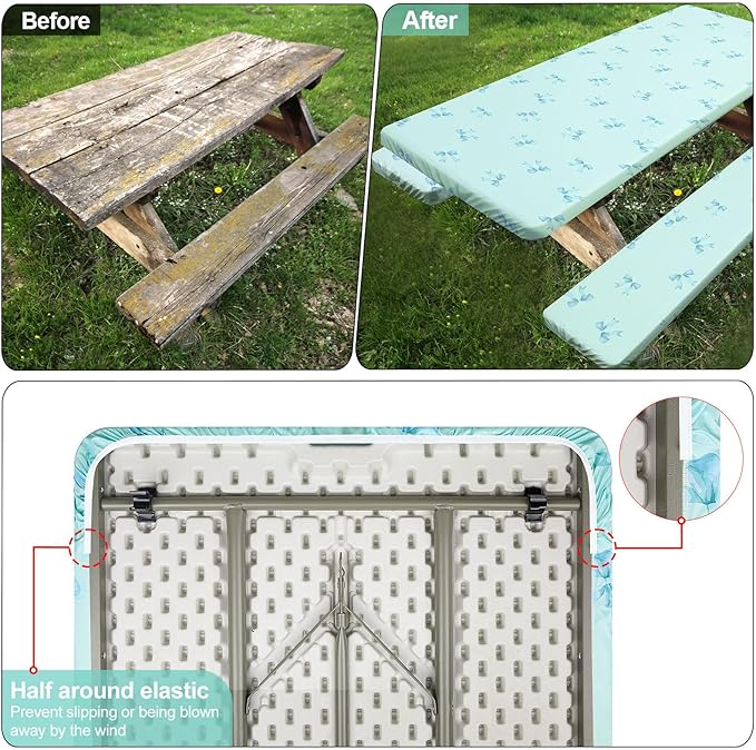 Picnic Table Cover with Bench Covers Camping Essentials Waterproof Windproof Camping Tablecloth with Drawstring Bag, Fitted Rectangle Tables and Seats, 72in, Blue Bow