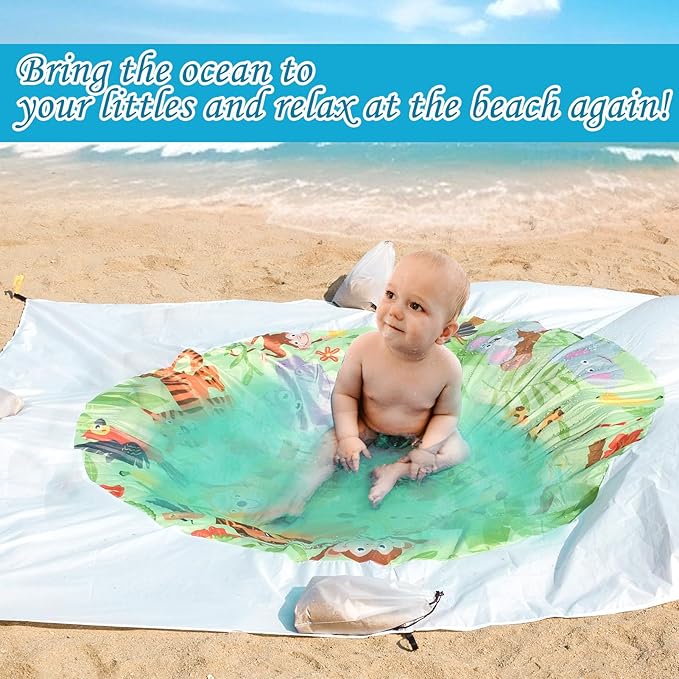 6.5 X 6.5 Ft Baby Beach Pool, 2 in 1 Portable Kids Beach Play Pool Puddle Toddler Beach Blanket and Kiddie Pools Green Cartoon Childs Sand Pit Paddling Pools with Water Bag for Boys Girls Outdoors