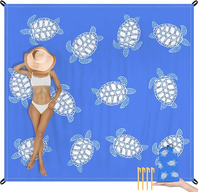 Beach Blanket Waterproof Sandproof, Blue Baby Sea Turtle Polyester Beach Mat Sand Free for 2-4 Adult, Extra Large Portable Compact Picnic Blankets for Outdoor, Travel,Camping,Hiking