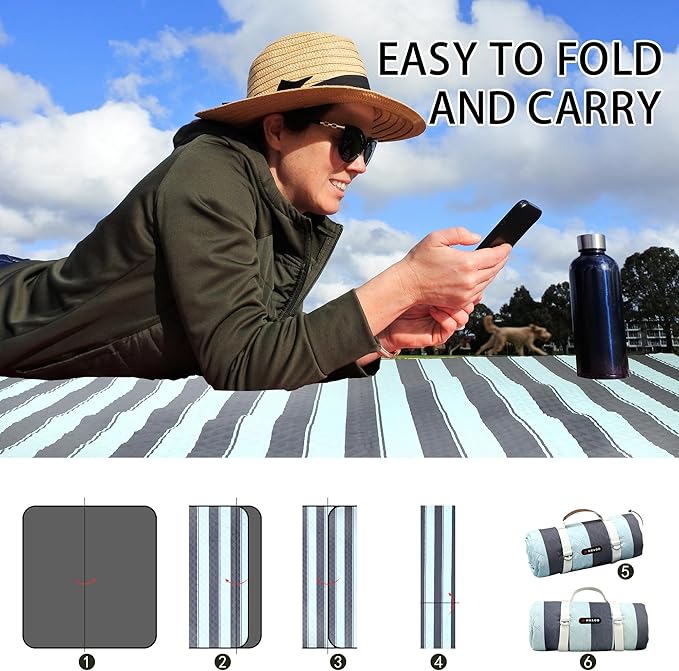 HX&OD Extra Large Picnic Outdoor Blanket, 80”x60” Waterproof Picnic Mat Foldable Camping Blanket Portable with Carry Strap for Beach Mat Outdoor Camping Party(Grey&Green)