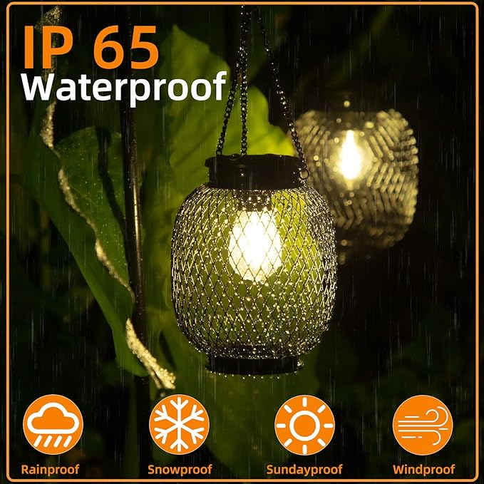 Lanterns Outdoor Waterproof, Collasis 2 Pack Vintage Metal Hanging Lanterns with Hooks Solar Garden Decoration Lights Solar Lights Outdoor for Patio Balcony Yard Lawn, Black