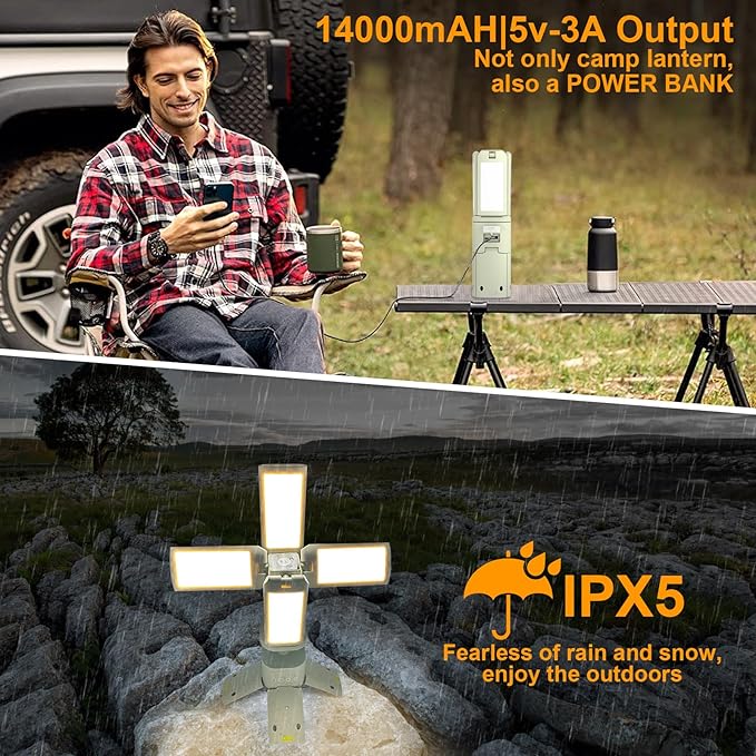Rechargeable LED Camping Light, Telescopic Portable Work Light with 14000mAh Battery & Flashlight & 4 Panels & Magnetic Stand, Stepless Dimmable Camping Lantern for Outdoor, Power Outage, Emergency