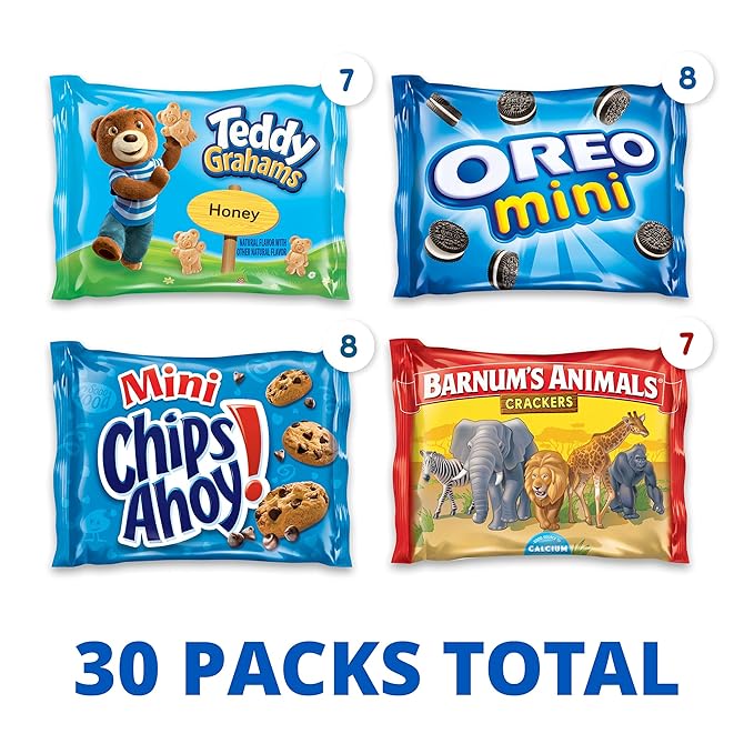 Nabisco Team Favorites Variety Pack, OREO Mini, CHIPS AHOY! Mini, Teddy Grahams Honey & Barnum's Animal Crackers, Christmas Cookies Stocking Stuffers, 30 Snack Packs (Pack of 4)