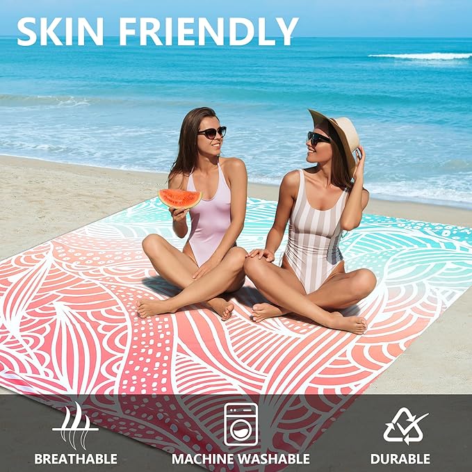 Beach Blanket Waterproof Sandproof Beach Mat 79โx 83โ for 1-4 Adults Quick Drying Durable Outdoor Picnic Mat for Beach Festival Travel Camping Hiking (Gradiant P&GN-Ripple, 79"ร83"(4 Person))